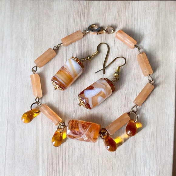Handmade Peach Orange Marble Glass Citrine Bracelet and Pierced Dangly Earrings. - Picture 4 of 4